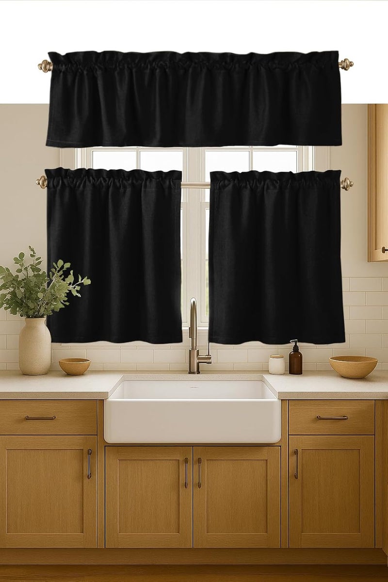Native Fab 3 Pieces Window Curtain Tiers 26"x36" and Valance 54"x18" Set - Rod Pocket - Semi Sheer - Farmhouse Curtain for Kitchen, Cafe, Bathroom, Living Room - Black - Image 1