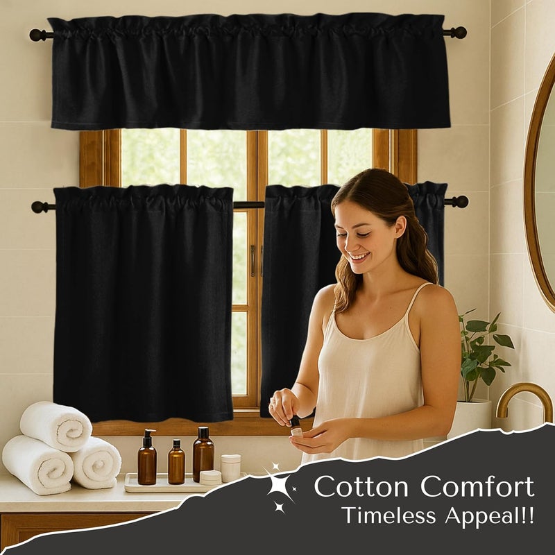 Native Fab 3 Pieces Window Curtain Tiers 26"x36" and Valance 54"x18" Set - Rod Pocket - Semi Sheer - Farmhouse Curtain for Kitchen, Cafe, Bathroom, Living Room - Black - Image 4