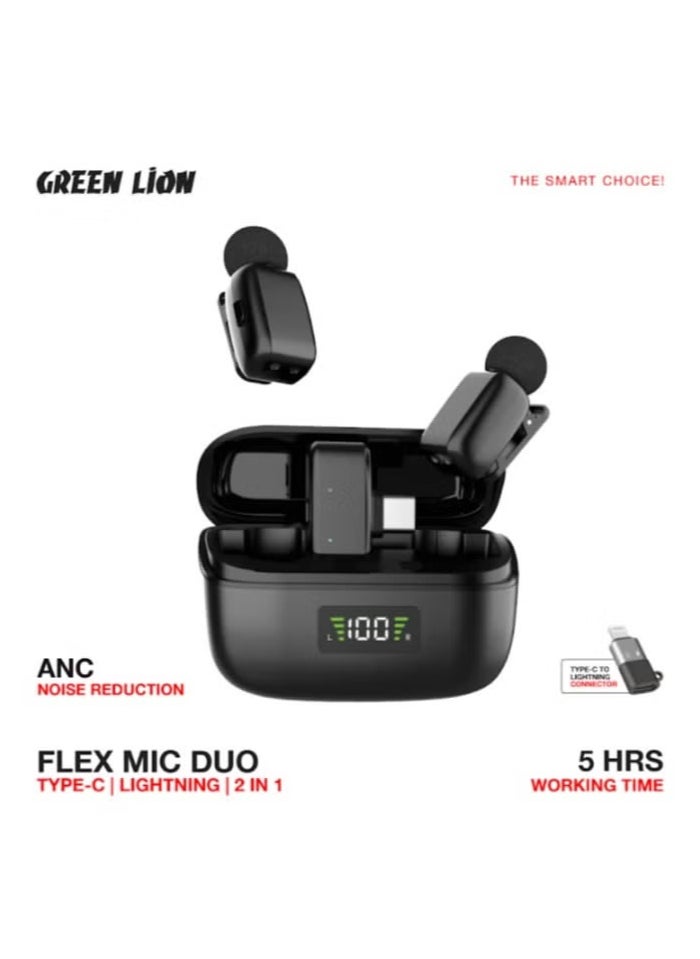 GREEN LION 2 in 1 Flex Lavalier Microphone GL-MIC7 Duo Type-C to Lightning with Voice Changer Function and ANC Noise Reduction / Up to 5 Hours Working Time / Mini Size Design / Wireless Transmission / Digital Display - Black  - Image 2
