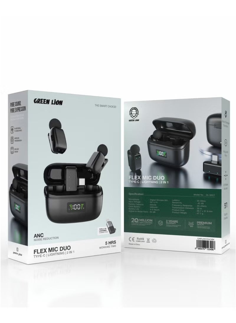 GREEN LION 2 in 1 Flex Lavalier Microphone GL-MIC7 Duo Type-C to Lightning with Voice Changer Function and ANC Noise Reduction / Up to 5 Hours Working Time / Mini Size Design / Wireless Transmission / Digital Display - Black  - Image 4