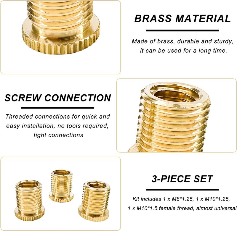 MUQIDA 3PCS Shift Knob Thread Adapters, M8 X 1.25/M10 X 1.25/M10 X 1.5 Brass Adapters for Gear Shift Heads, Universal Shifter Knob Threaded Screws for Manual Automatic Vehicle - Image 4