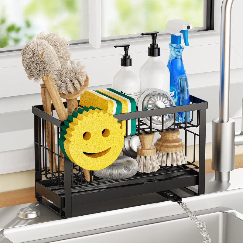 Taugast Sponge Holder for Kitchen Sink with Flexible Smiley Face, 2 Tier Kitchen Sink Organizer, Countertop and Storage Essentials, Soap Dispenser Organizer, Home Decor Accessories - Black - Image 1