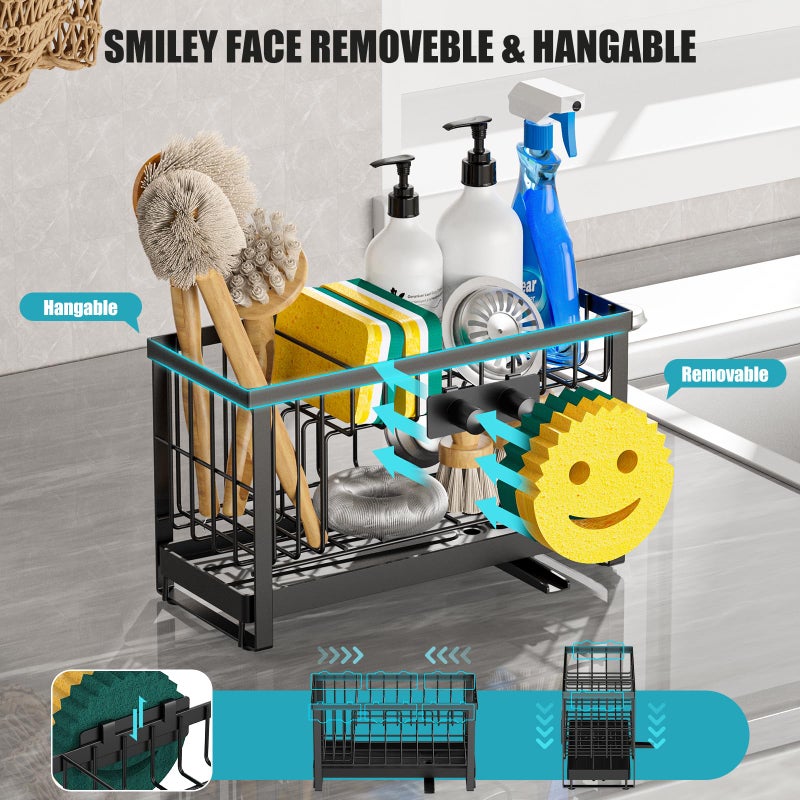 Taugast Sponge Holder for Kitchen Sink with Flexible Smiley Face, 2 Tier Kitchen Sink Organizer, Countertop and Storage Essentials, Soap Dispenser Organizer, Home Decor Accessories - Black - Image 3