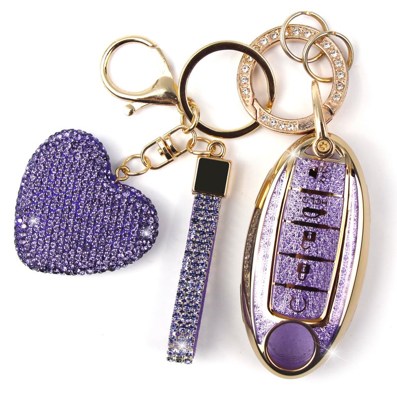 YIKECASE Key Fob Cover with Diamond Keychain Car Key Holder Compatible with Nissan Altima Rogue Sentra Pathfinder Frontier Maxima Titan Murano Kicks Juke Versa Armada GTR 5 Buttons PurpleHeart - Image 2