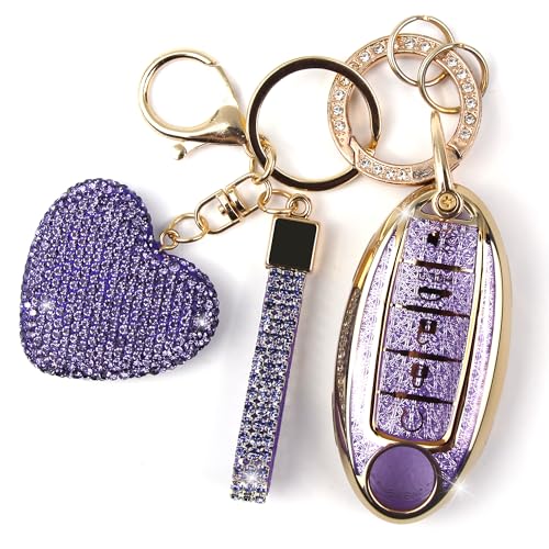 YIKECASE Key Fob Cover with Diamond Keychain Car Key Holder Compatible with Nissan Altima Rogue Sentra Pathfinder Frontier Maxima Titan Murano Kicks Juke Versa Armada GTR 5 Buttons PurpleHeart - Image 1