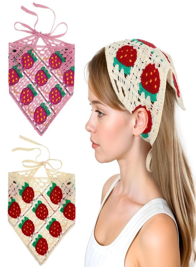 Yolev 2pcs Crochet Headband,Knitted Strawberry Bandana Headband Boho Headscarf Vintage Head Kerchief for Women Knitted Hair Bandanas Kawaii Vintage - Image 1