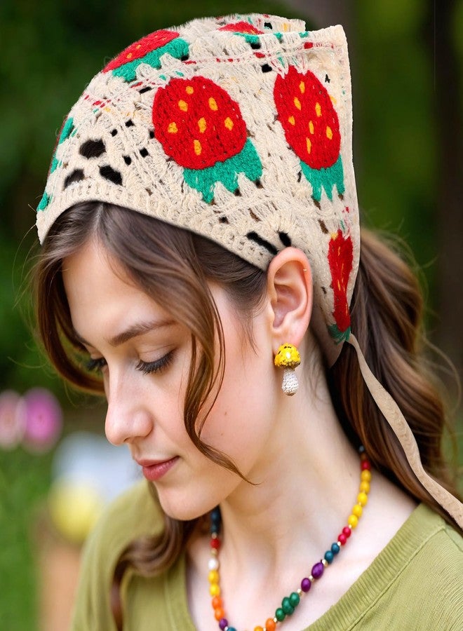 Yolev 2pcs Crochet Headband,Knitted Strawberry Bandana Headband Boho Headscarf Vintage Head Kerchief for Women Knitted Hair Bandanas Kawaii Vintage - Image 5