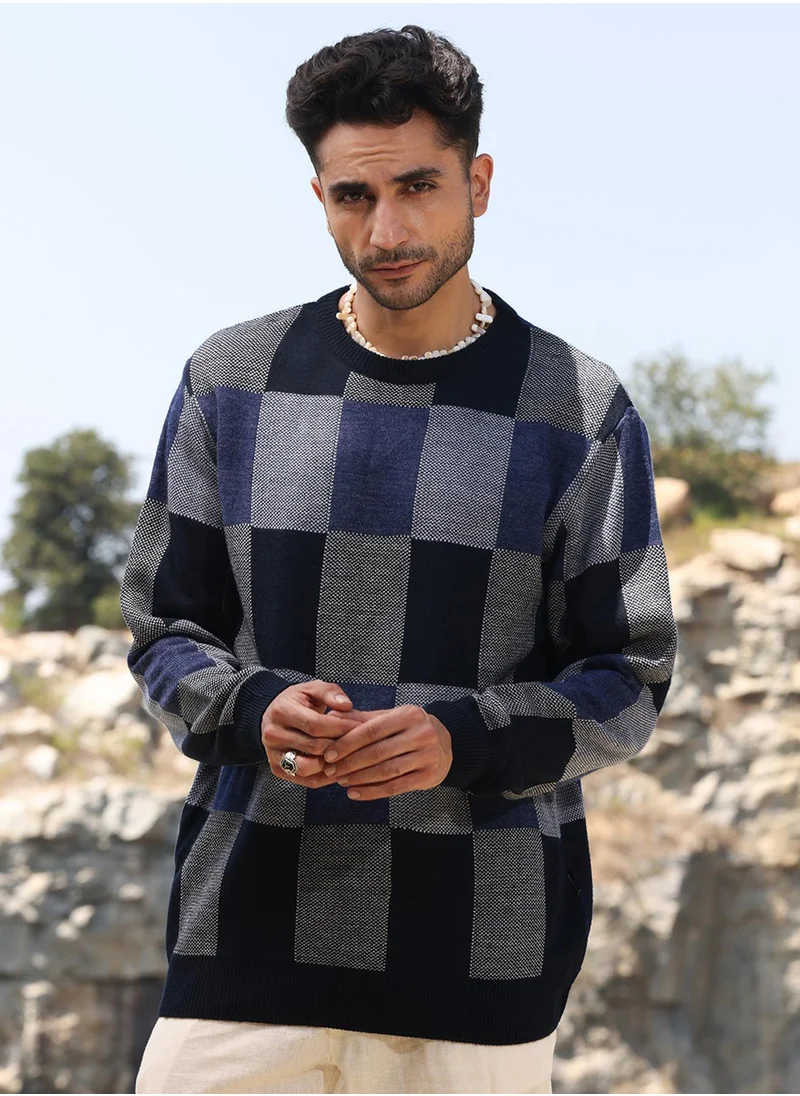Campus Sutra Men's Blue Block Check Pullover Sweater