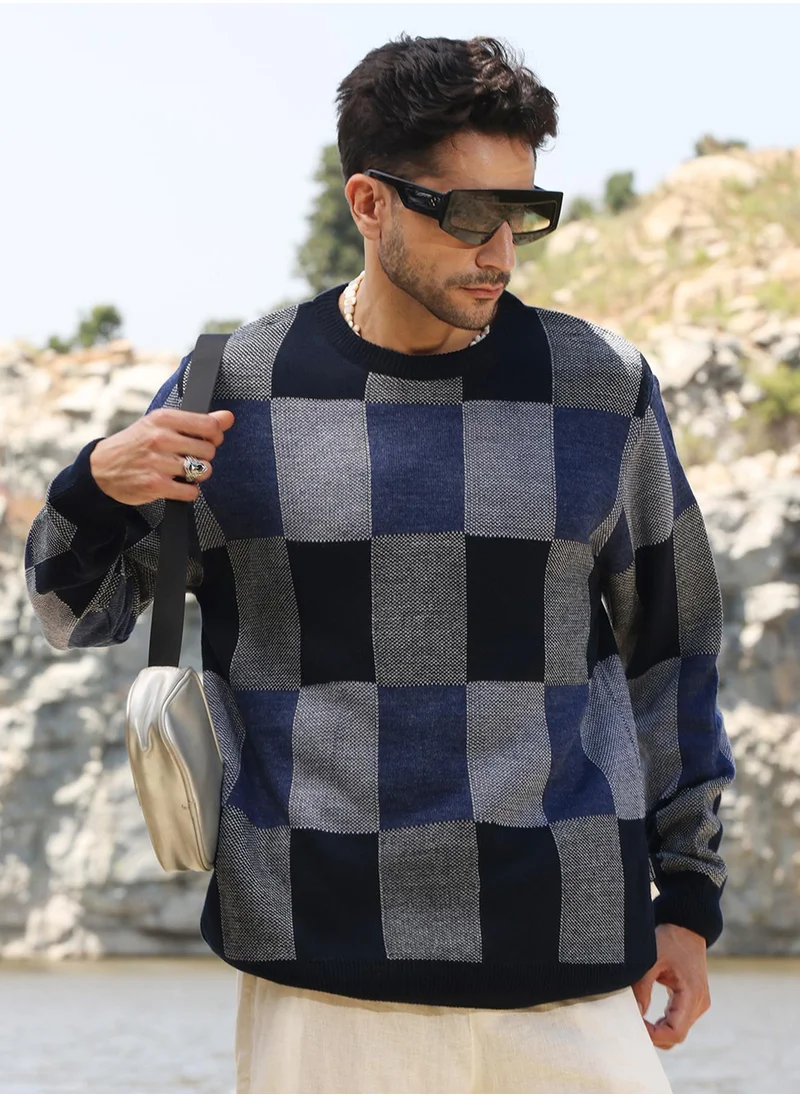 Campus Sutra Men's Blue Block Check Pullover Sweater