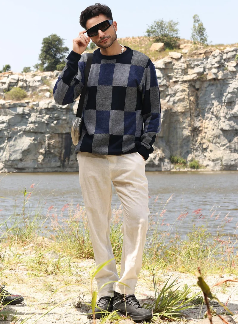 Campus Sutra Men's Blue Block Check Pullover Sweater