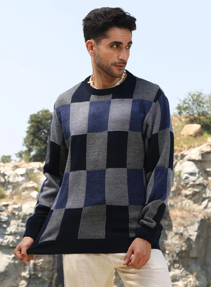 Campus Sutra Men's Blue Block Check Pullover Sweater