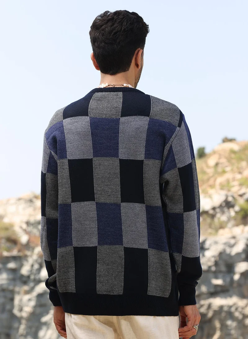 Campus Sutra Men's Blue Block Check Pullover Sweater