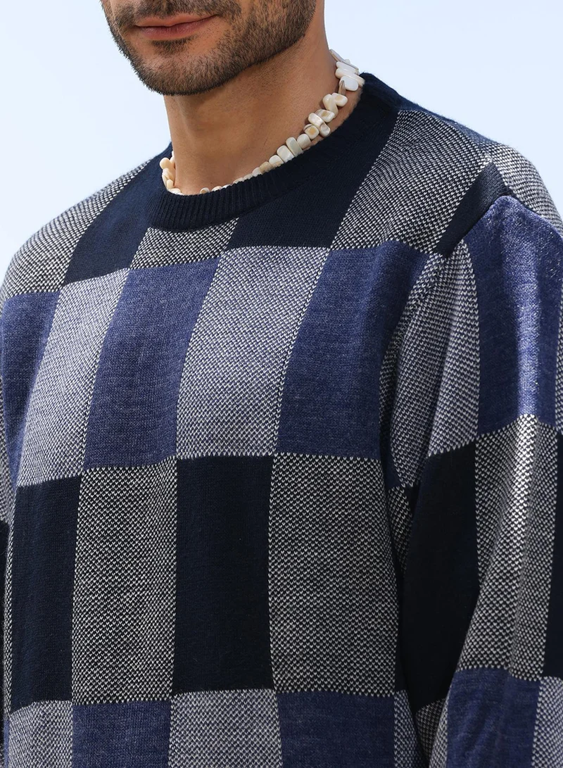 Campus Sutra Men's Blue Block Check Pullover Sweater