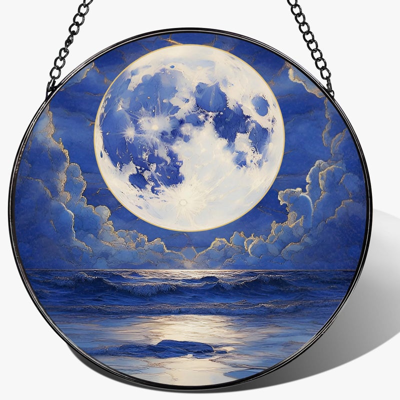 LAOWEIKI 8'' Full Moon Over Ocean Sun Catcher Ornament, Stained Glass Window Hanging, Suncatchers for Windows Hanging Ornaments, Window Decor | Ideal Gift, Mother's Day, Christmas, Birthday Gifts - Image 1