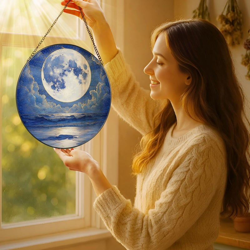 LAOWEIKI 8'' Full Moon Over Ocean Sun Catcher Ornament, Stained Glass Window Hanging, Suncatchers for Windows Hanging Ornaments, Window Decor | Ideal Gift, Mother's Day, Christmas, Birthday Gifts - Image 2