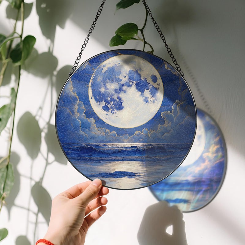 LAOWEIKI 8'' Full Moon Over Ocean Sun Catcher Ornament, Stained Glass Window Hanging, Suncatchers for Windows Hanging Ornaments, Window Decor | Ideal Gift, Mother's Day, Christmas, Birthday Gifts - Image 3
