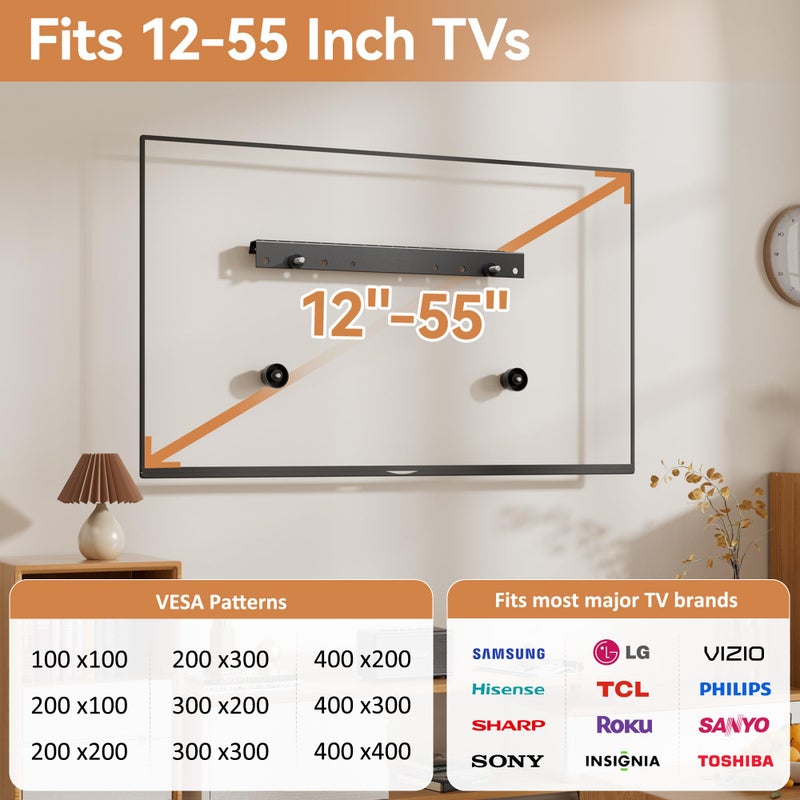 Antimbee Studless TV Wall Mount for Drywall, No Stud Hanger for 12â€“55 Inch, No Drill Wall Mount TV Bracket, VESA Max 400x400, Up to 100lbs, Low Profile, Tilts 5Â°, No Damage, Easy Install for Rental Apartment - Image 4