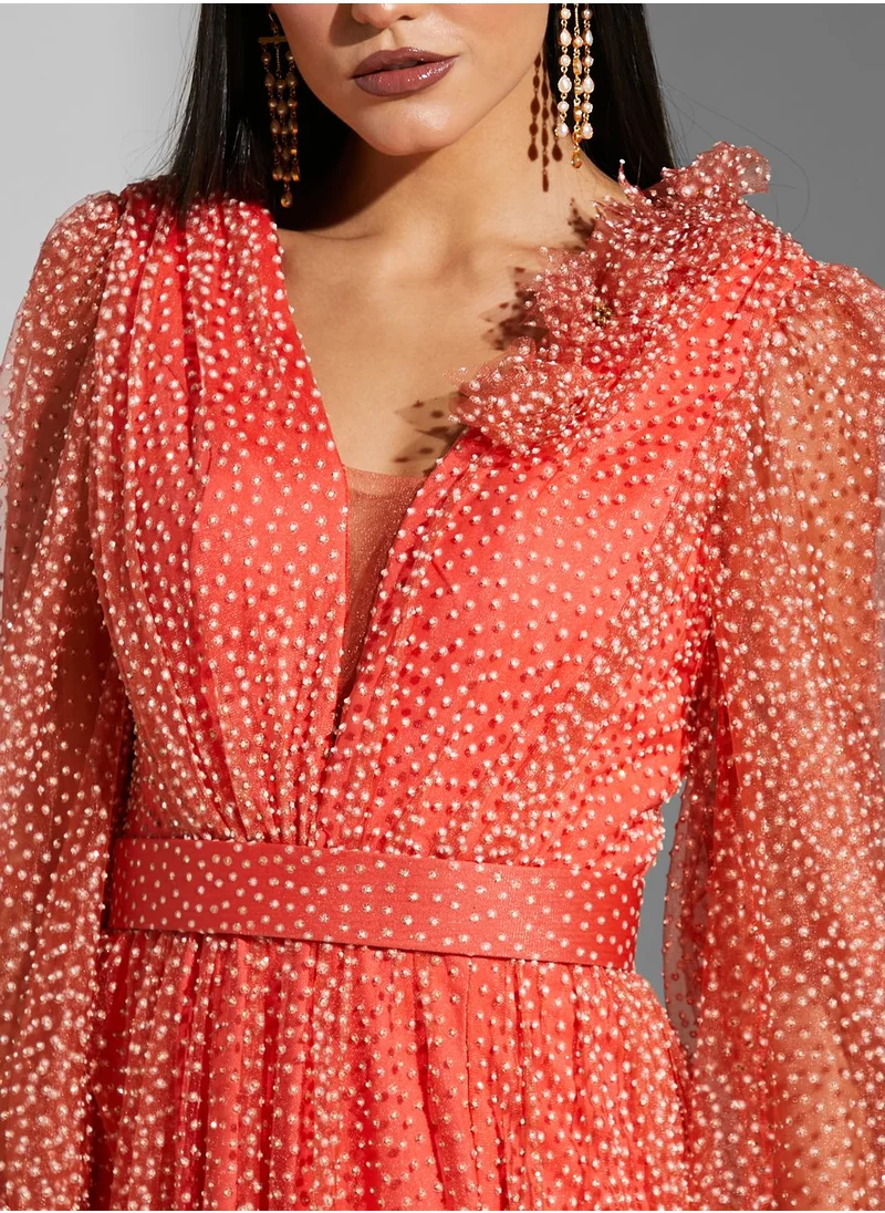 CRYSTAL PURE Plunge Neck Pleat Lace Detail Dress
