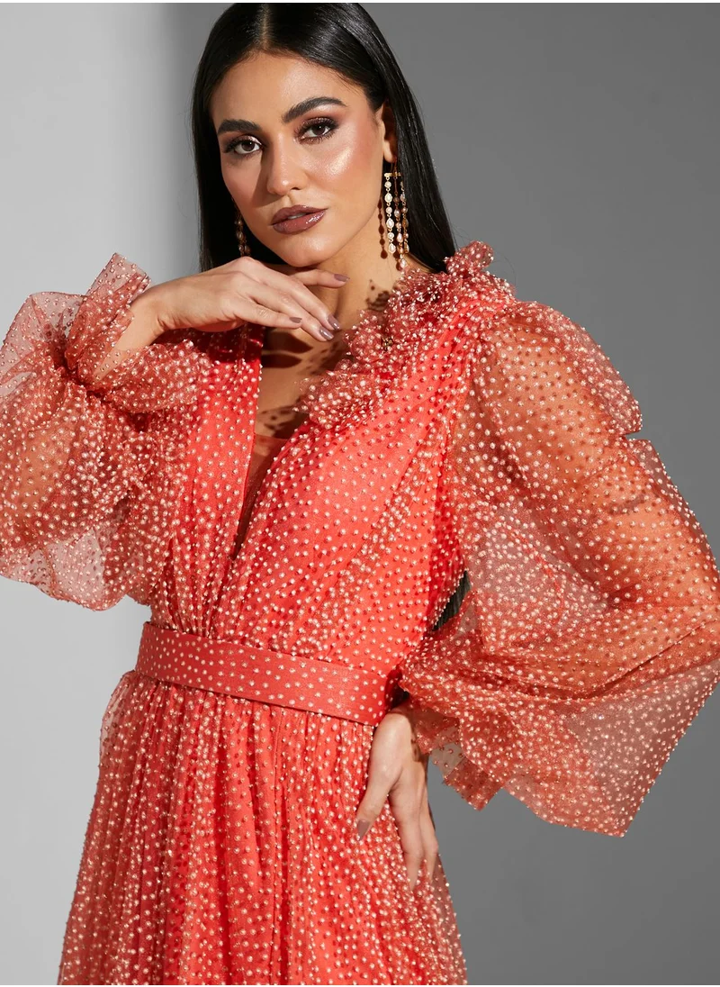CRYSTAL PURE Plunge Neck Pleat Lace Detail Dress