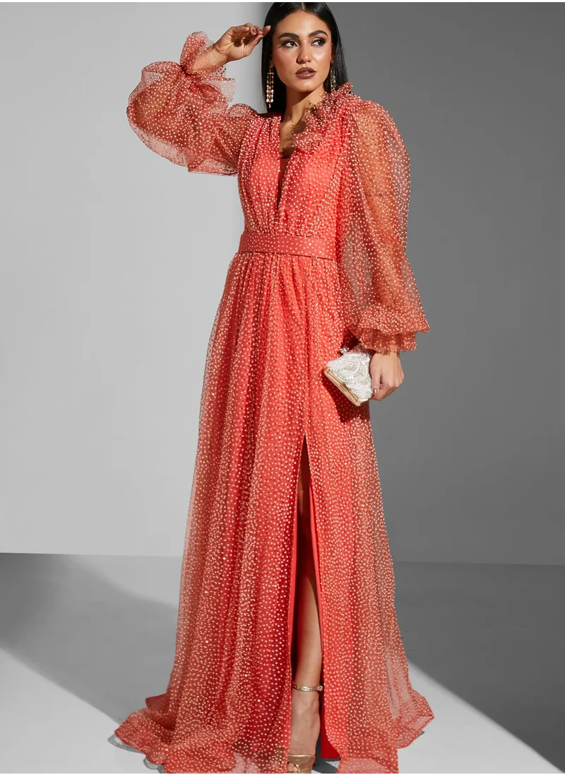 CRYSTAL PURE Plunge Neck Pleat Lace Detail Dress