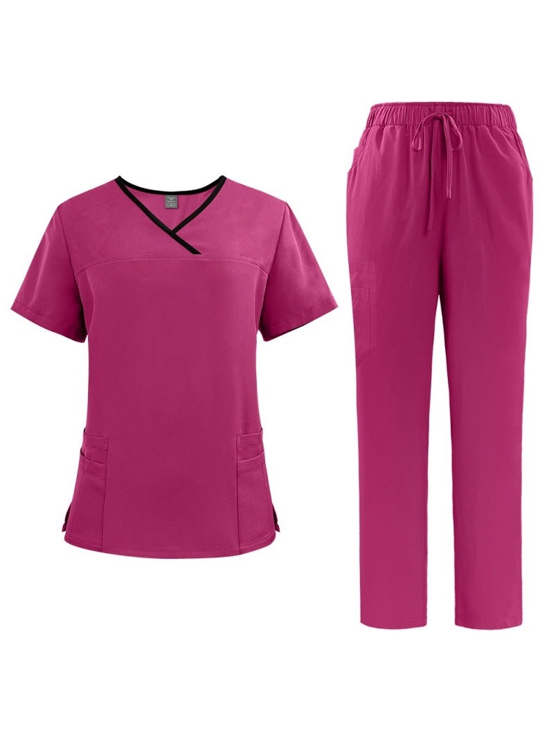 Loquat Womens Medical Uniform Scrubs 2 Piece Set V-Neck Top and Elastic Waist Straight Pants Suit Rose Pink 