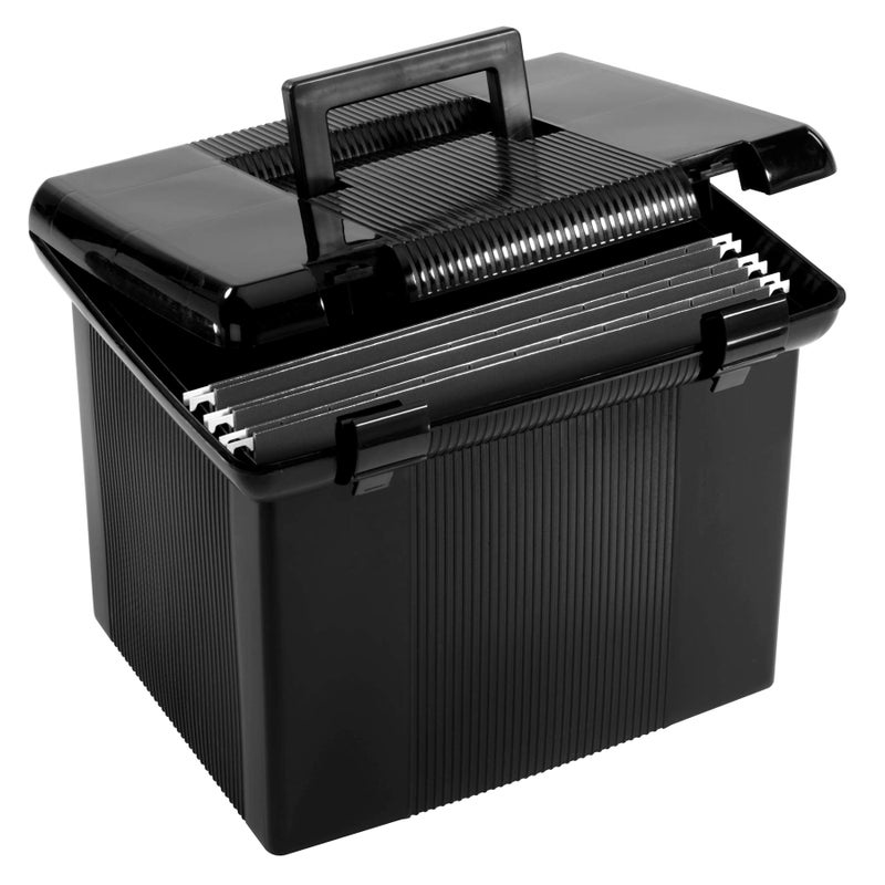 Pendaflex Portable File Box with File Rails, Simple Document Storage, File Bin for Home and Office, Hinged Lid with Double Latch Closure, Black, 3 Black Letter Size Hanging Folders Included (41742AMZ) - Image 1