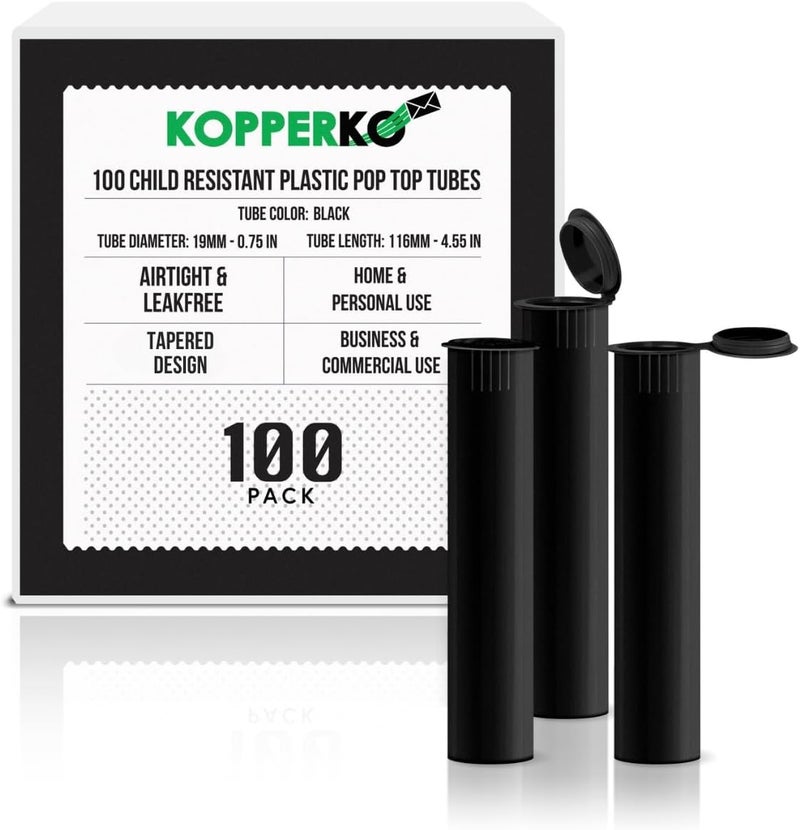 Kopperko 100 Pack 116mm Plastic Pop Top Tube - Child Resistant Pill Storage Containers for Herbs and Spices | UV and Moisture Resistant Medication Container | Airtight & Waterproof Storage | Black