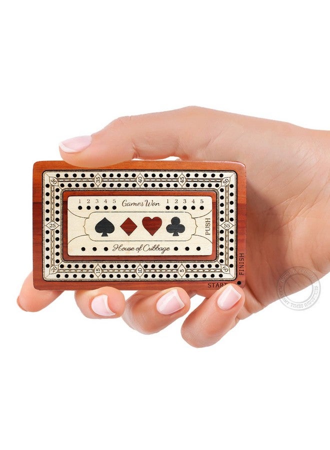 House of Cribbage - 2 Track - Wooden Travel/Pocket Size Cribbage Board - 4 Inch - Inlaid in Bloodwood/Maple Wood with Storage Space for Cribbage Pegs - 60 Points - Non Continuous - Image 1