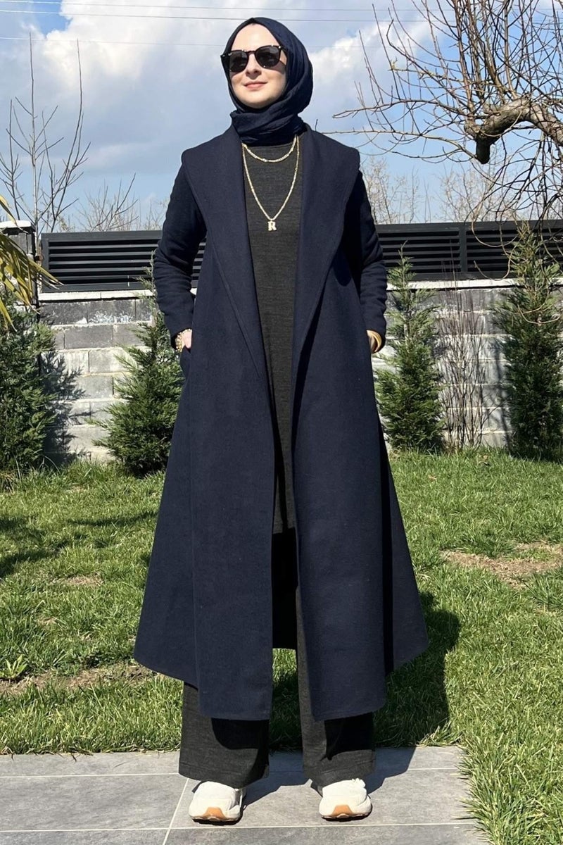 Rabia Şamlı Rabia Damask Selin Navy Blue Cashmere Coat - Image 1