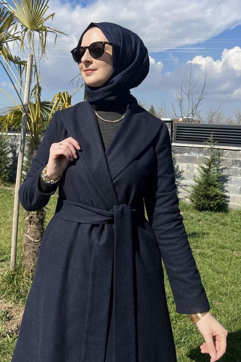 Rabia Şamlı Rabia Damask Selin Navy Blue Cashmere Coat - Image 2