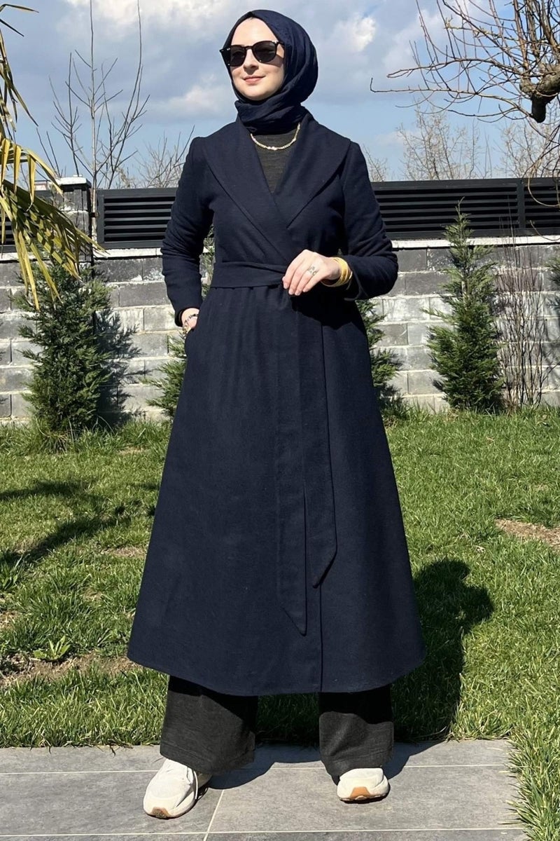 Rabia Şamlı Rabia Damask Selin Navy Blue Cashmere Coat - Image 3