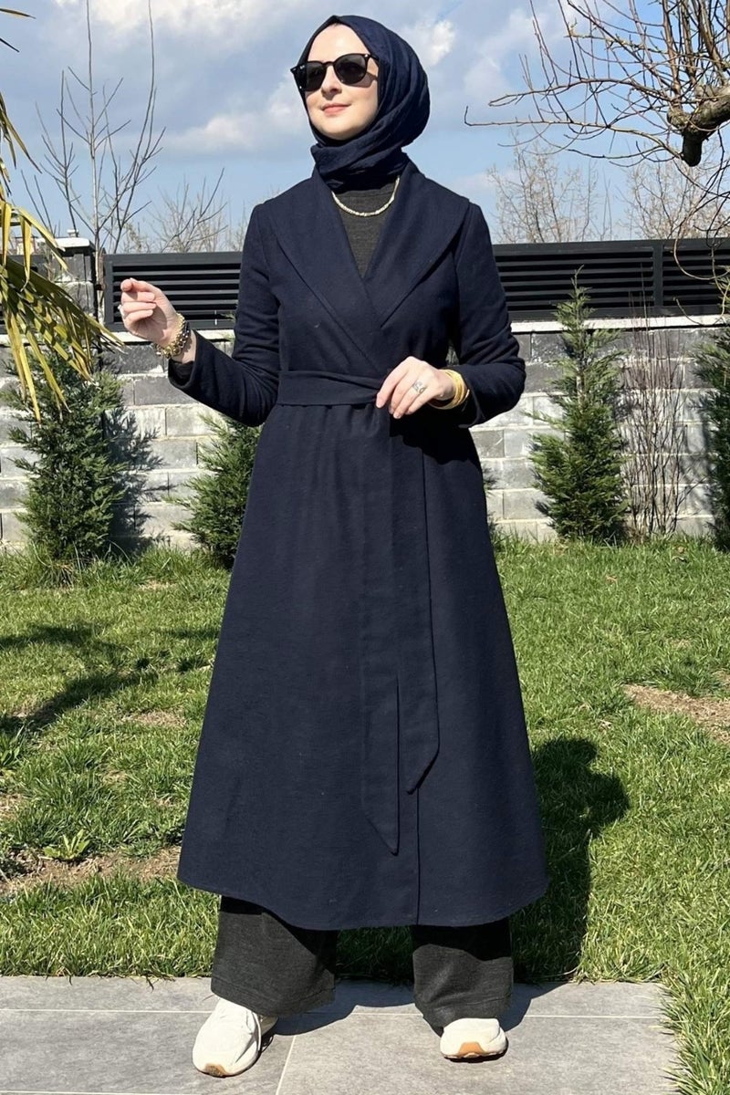 Rabia Şamlı Rabia Damask Selin Navy Blue Cashmere Coat - Image 5