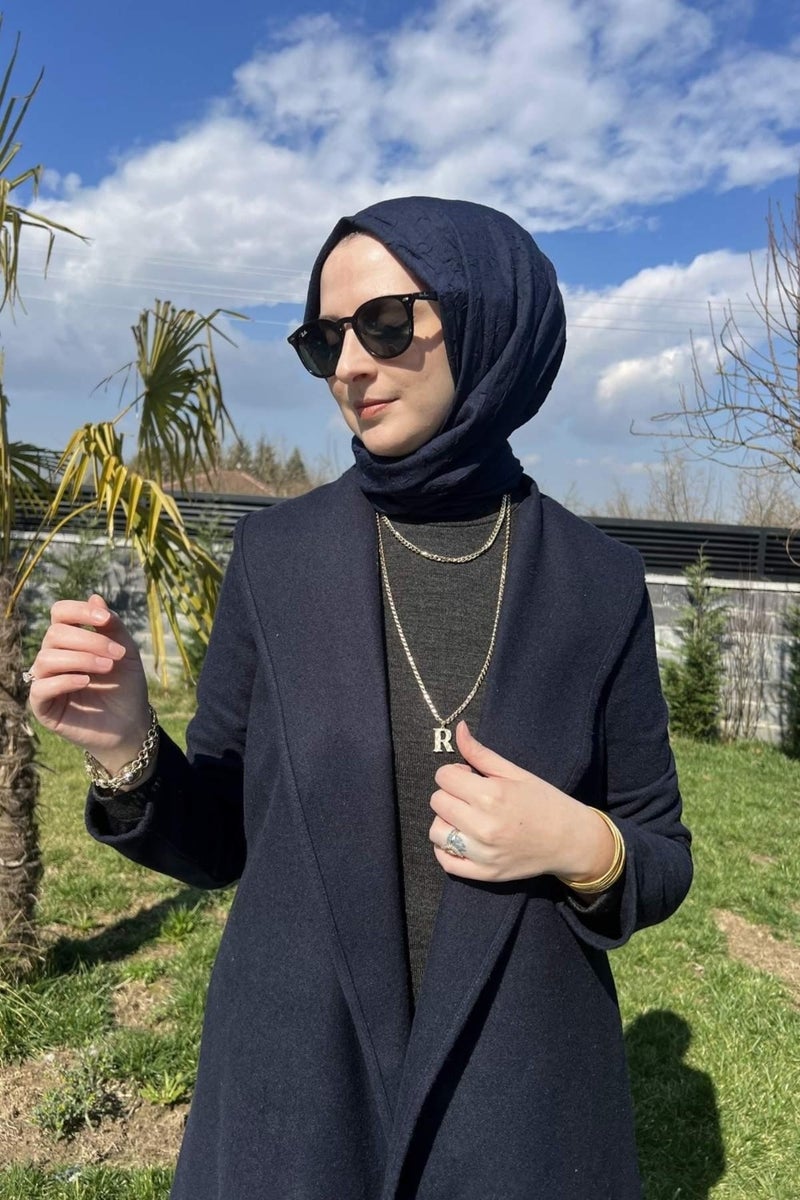 Rabia Şamlı Rabia Damask Selin Navy Blue Cashmere Coat - Image 4