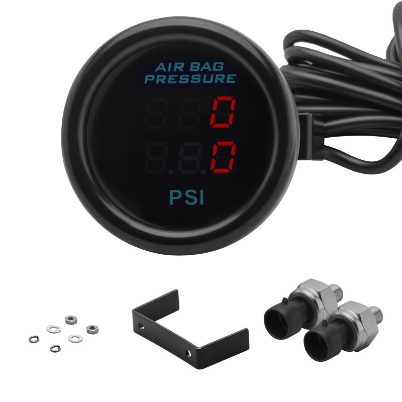 CNRAQR Dual Display Air Suspension Gauge Air Ride Air Pressure Gauge 2Inch 0220PSI with 2Pcs 18NPT Sensors and 165ft Sensor Cable LCD Red