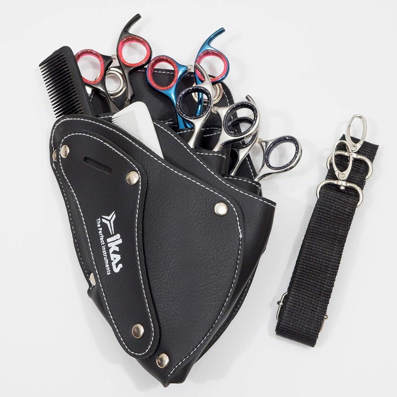 Ikas IKAS Barber Scissor Pouch Holster with Belt for Hairdressers IKAS, Salon Hair Stylist Barber Scissors Shear Hairdressing Waist Holder Case Bag, Real PU Leather Black
