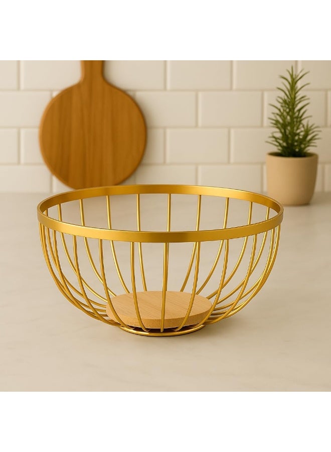 BS سلة فواكه معدنية ذهبية حديثة من B&S مع غطاء خشبي - Image 4