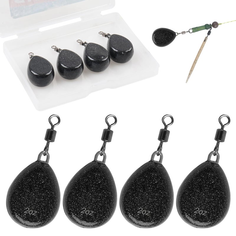 FUSIGO Carp Fishing Weights Sinkers 2oz 4pcs Coated Flat Pear Fishing Sinker Weight with Swivels Carp Coarse Fishing Gear Tackle Black - Image 2