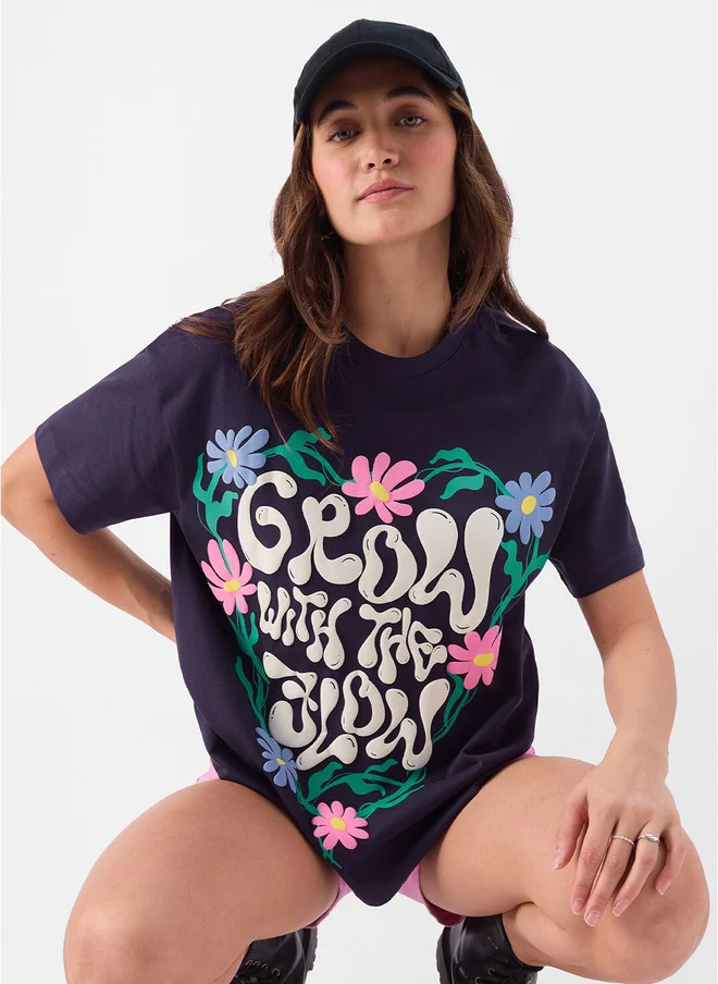 Grow With The Flow Women Oversized Printed Purple T-Shirt