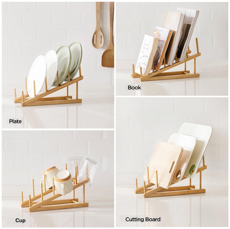 HBlife Bamboo Wooden Dish Drying Rack, 1 PCS Plate/Dish/Book/File/Bowl/Cup/Cutting Board/Pot Lid Organizer for Kitchen Counter, Office, Display Cabinet - Image 3