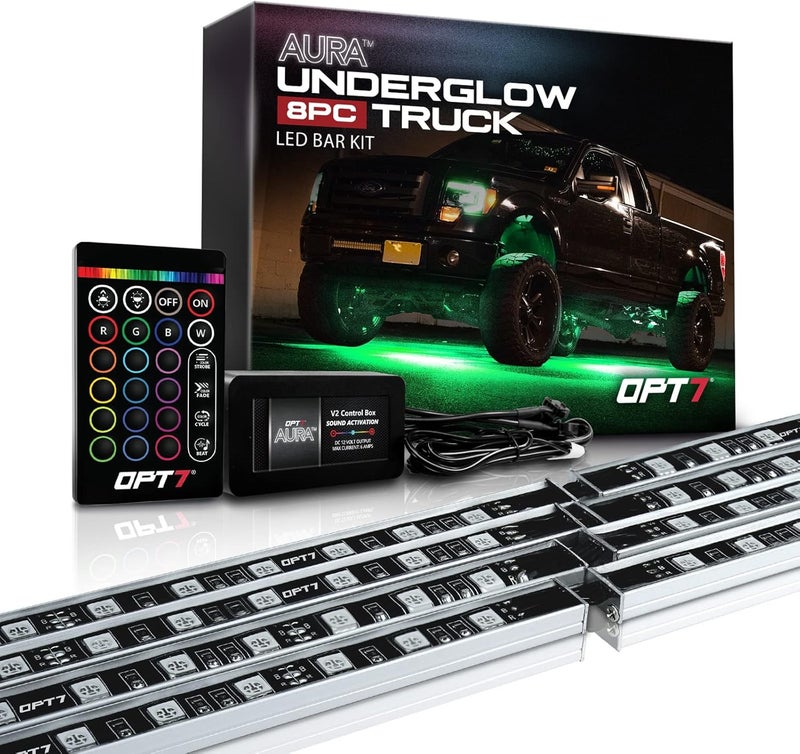 OPT7 Aura Aluminum Underglow LED Lighting Kit for Truck with Remote Control, Exterior Neon Accent Underbody Light Bar, RGB Multicolor Under Car Decorations, Waterproof, Soundsync, Door Assist, 12V - Image 1