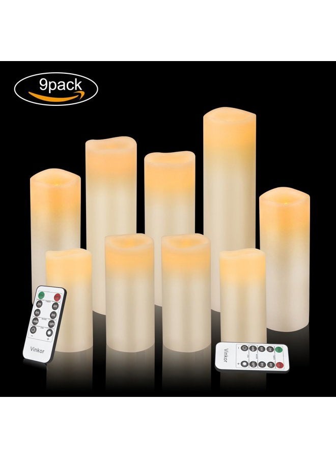 Vinkor Flameless Candles Battery Operated Candles 4" 5" 6" 7" 8" 9" Set of 9 Ivory Real Wax Pillar LED Candles with 10-Key Remote and Cycling 24 Hours Timer - Image 2