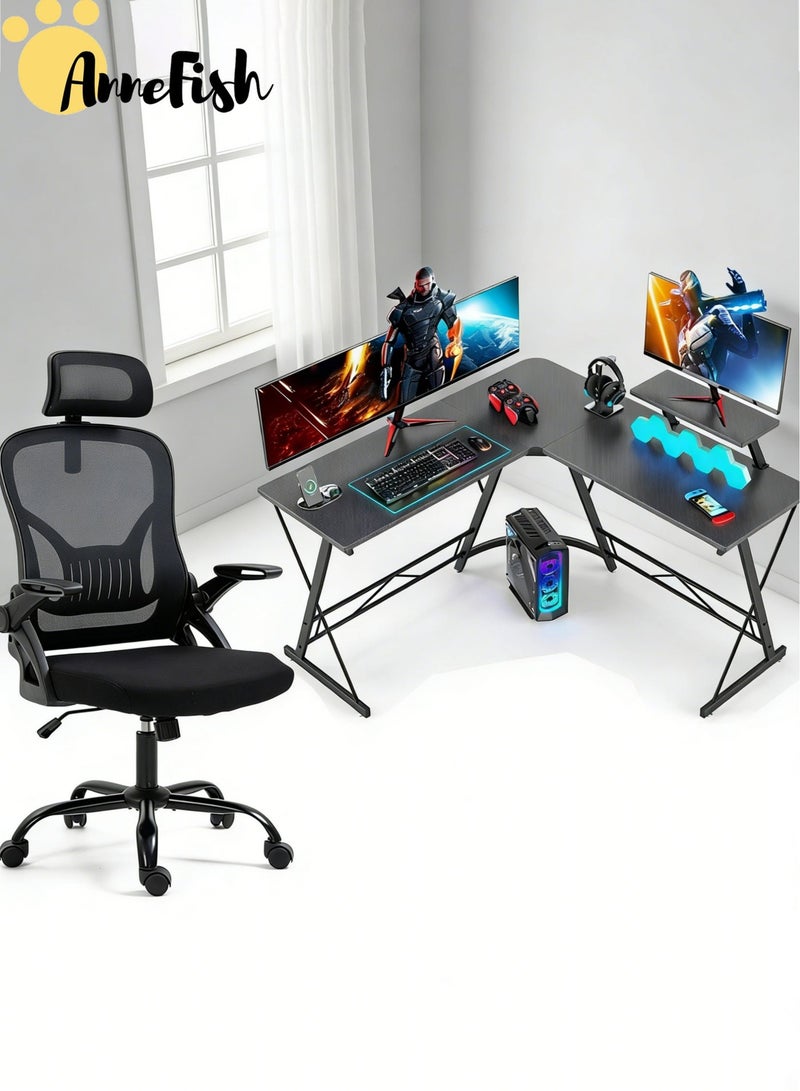 آن فش طقم مكتب وكرسي: كرسي مكتب شبكي مريح، مكتب ألعاب على شكل حرف L بطول 120 سم، كرسي مكتب مزود بدعم قطني قابل للتعديل، مكتب كمبيوتر متعدد الوظائف مع رف تخزين وأدراج. - Image 1