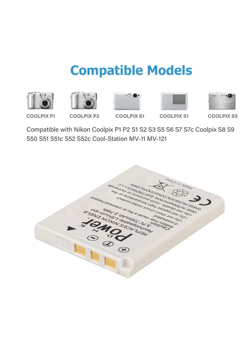 DMK Power EN-EL8 730mAh Camera Battery with TC1000 LCD Battery Charger Compatible with Nikon Coolpix P1 P2 S1 S2 S3 S5 S6 S7 S7c Coolpix S8 S9 S50 S51 S51c S52 S52c Cool-Station MV-11 MV-121