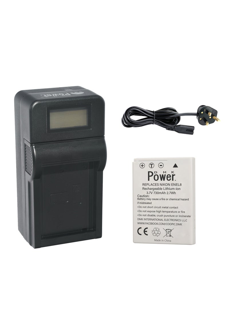 DMK Power EN-EL8 730mAh Camera Battery with TC1000 LCD Battery Charger Compatible with Nikon Coolpix P1 P2 S1 S2 S3 S5 S6 S7 S7c Coolpix S8 S9 S50 S51 S51c S52 S52c Cool-Station MV-11 MV-121