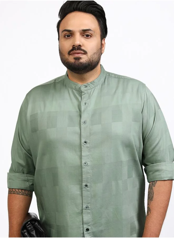 هاي لاندر Plus Size Checked Mandarin Collar Shirt