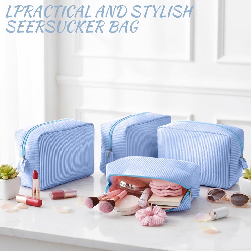 Sanwuta 3 Pcs Seersucker Makeup Bags Seersucker Cosmetic Bags Striped Women Large Travel Toiletry Organizer Preppy Storage Pouch for Embroidery Wedding Bridesmaid Gifts(Light Blue) - Image 4