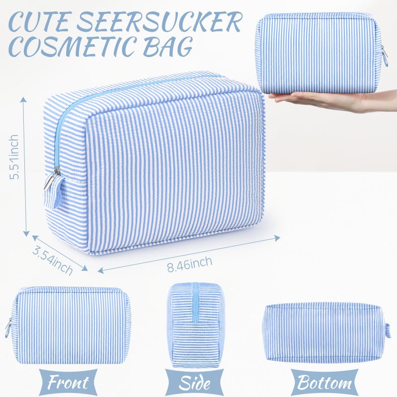 Sanwuta 3 Pcs Seersucker Makeup Bags Seersucker Cosmetic Bags Striped Women Large Travel Toiletry Organizer Preppy Storage Pouch for Embroidery Wedding Bridesmaid Gifts(Light Blue) - Image 2