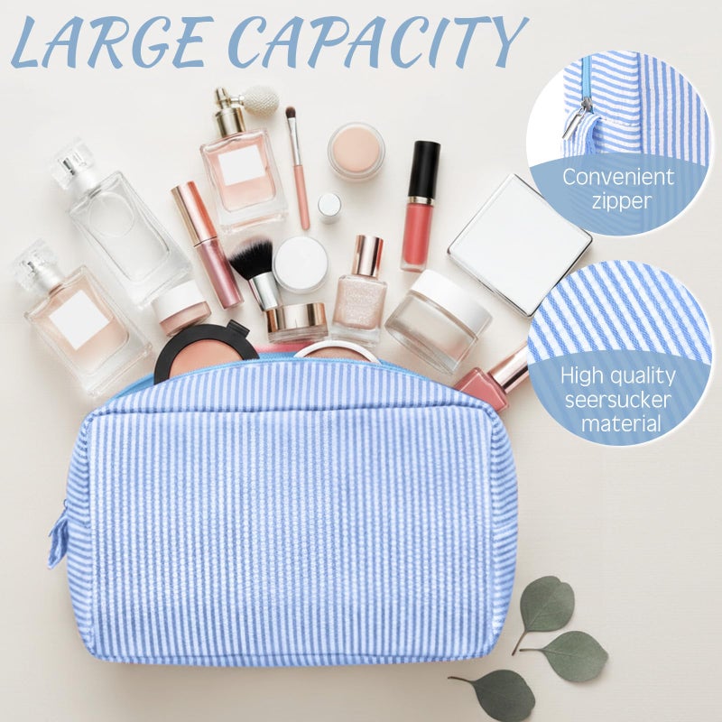 Sanwuta 3 Pcs Seersucker Makeup Bags Seersucker Cosmetic Bags Striped Women Large Travel Toiletry Organizer Preppy Storage Pouch for Embroidery Wedding Bridesmaid Gifts(Light Blue) - Image 3