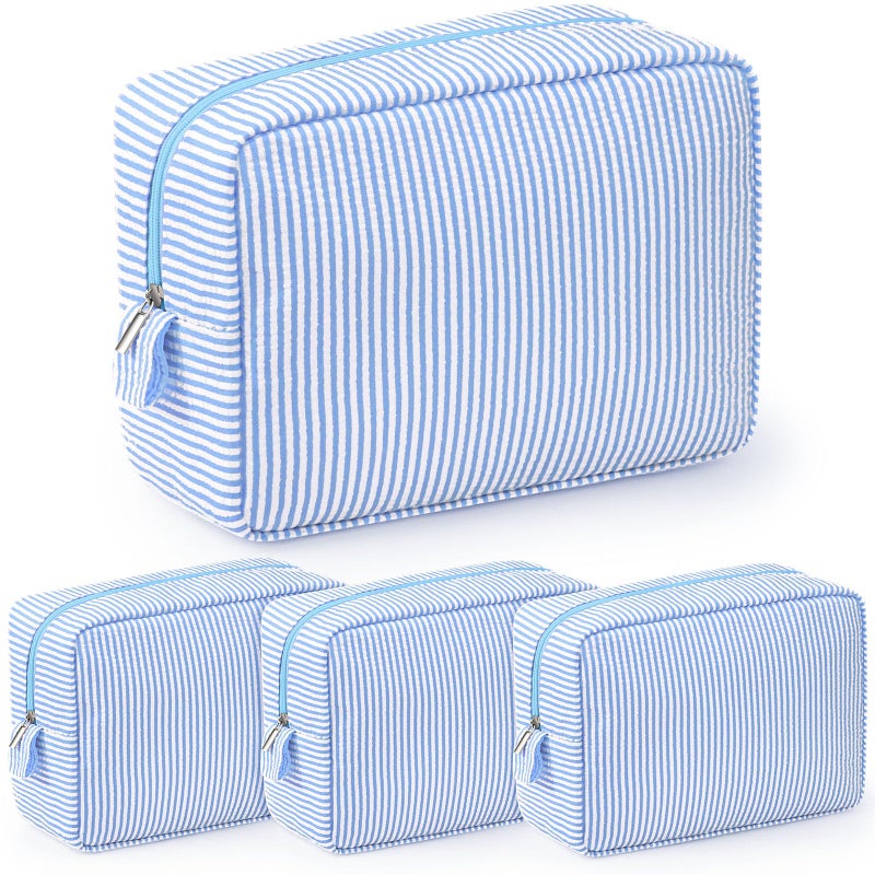 Sanwuta 3 Pcs Seersucker Makeup Bags Seersucker Cosmetic Bags Striped Women Large Travel Toiletry Organizer Preppy Storage Pouch for Embroidery Wedding Bridesmaid Gifts(Light Blue) - Image 1