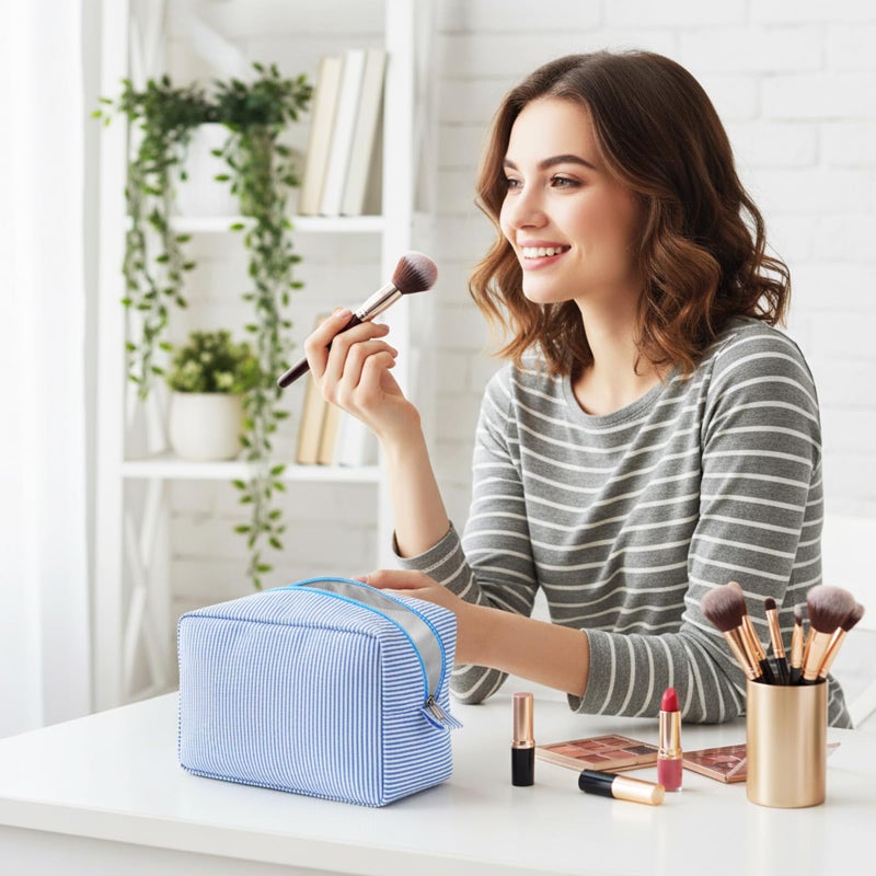 Sanwuta 3 Pcs Seersucker Makeup Bags Seersucker Cosmetic Bags Striped Women Large Travel Toiletry Organizer Preppy Storage Pouch for Embroidery Wedding Bridesmaid Gifts(Light Blue) - Image 5